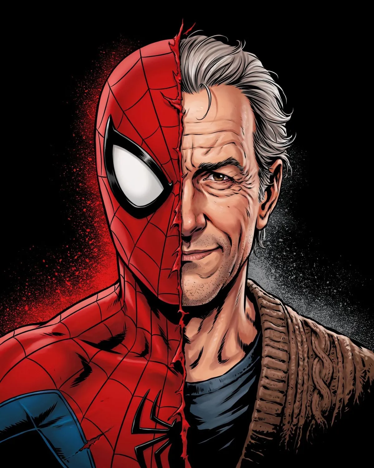 Peter Parker, old now, half his face still in the torn Spider-Man mask